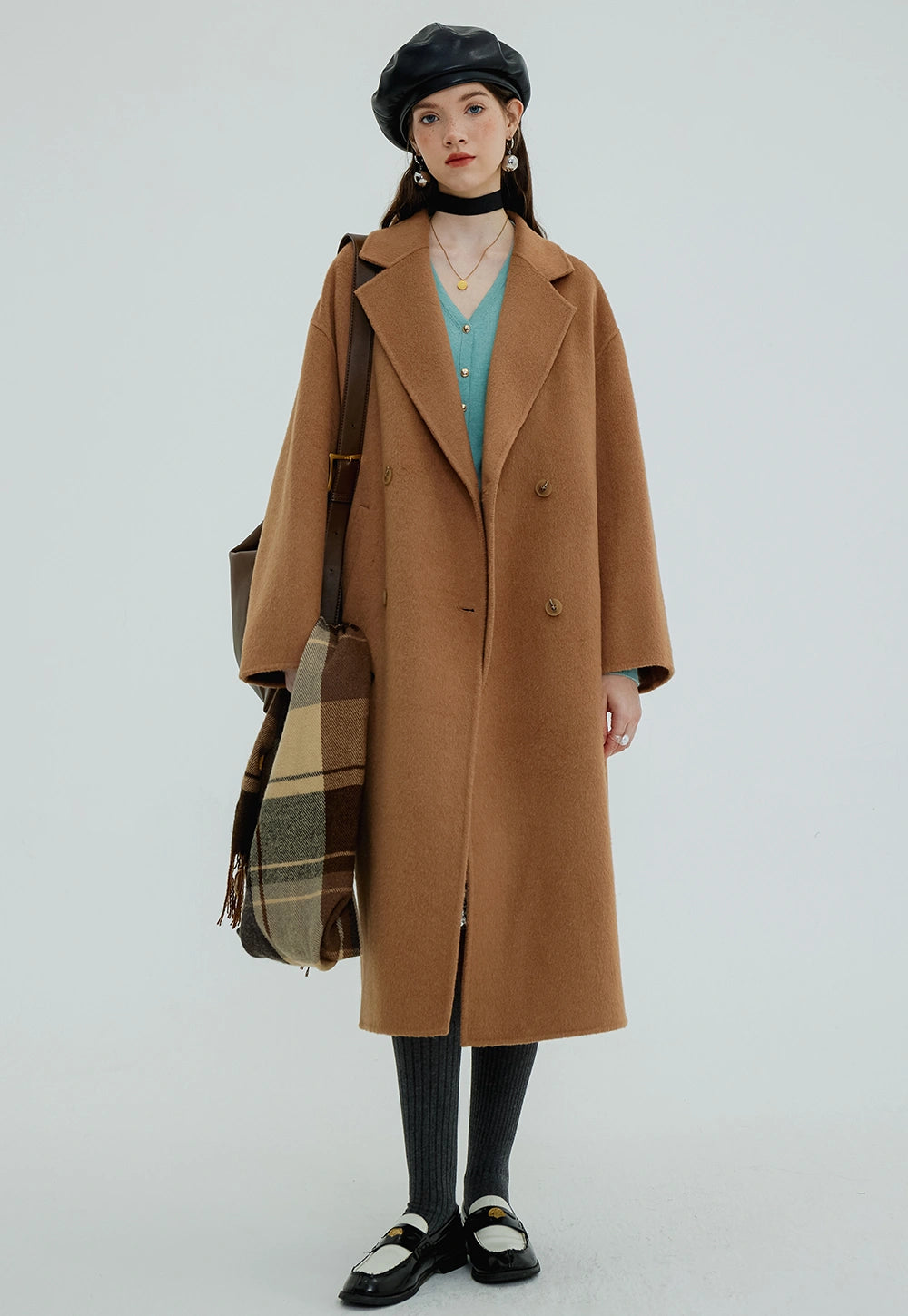 Women's Double-Breasted Wool Blend Overcoat with Notched Lapels