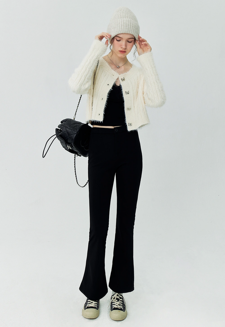 Women's Black Flare Pants with Front Button Closure