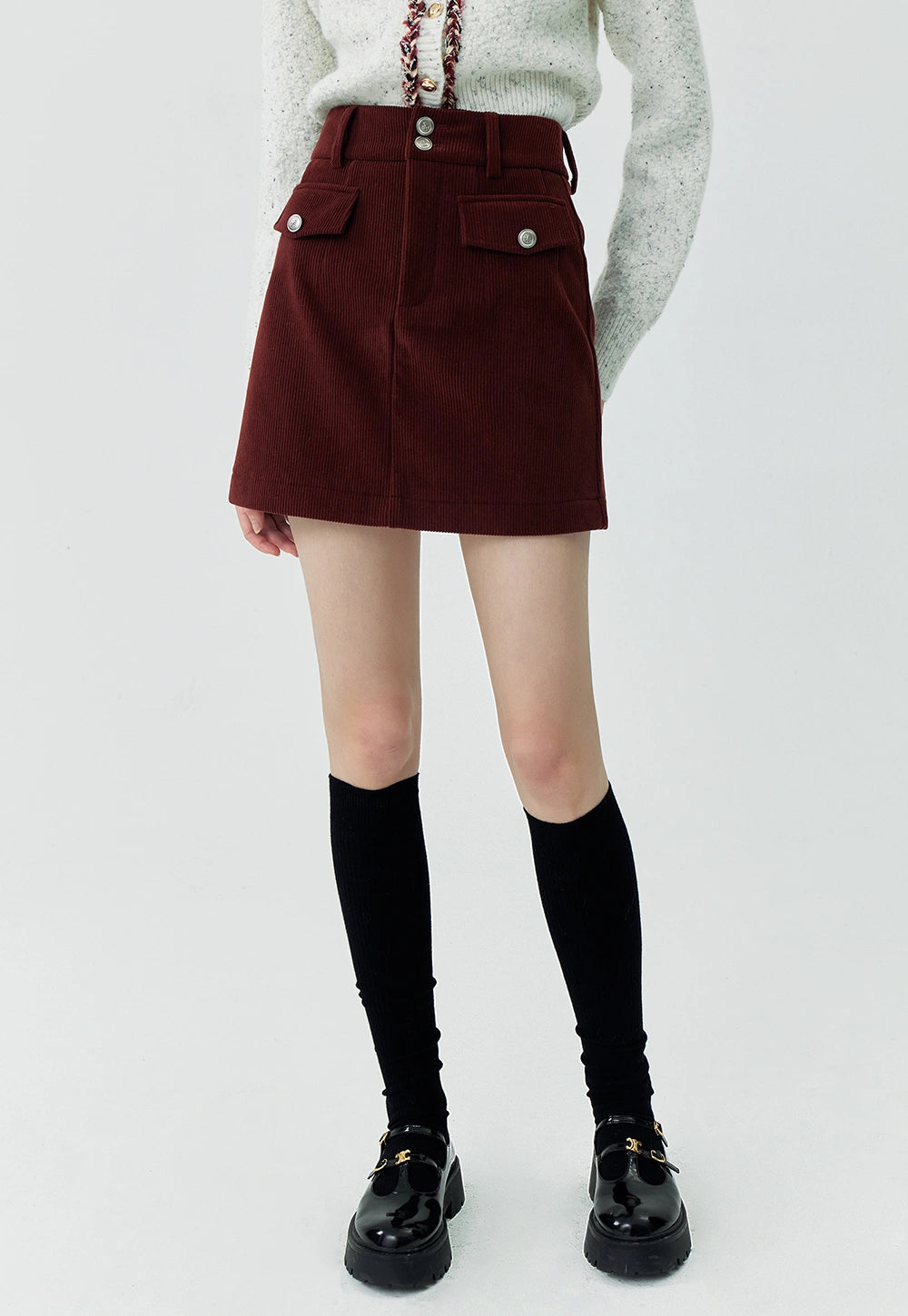 Stylish Maroon Corduroy Mini Skirt with Buttoned Pockets - Fall Fashion Essential