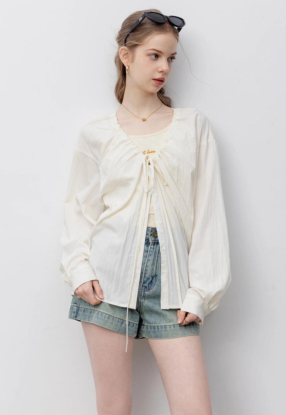 Gathered Neckline Blouse with Button Detail