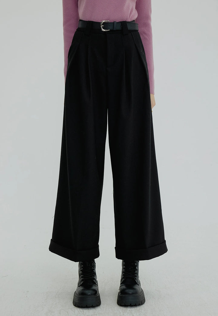 Women's Wide-Leg Trousers with Belt and Pleated Detail