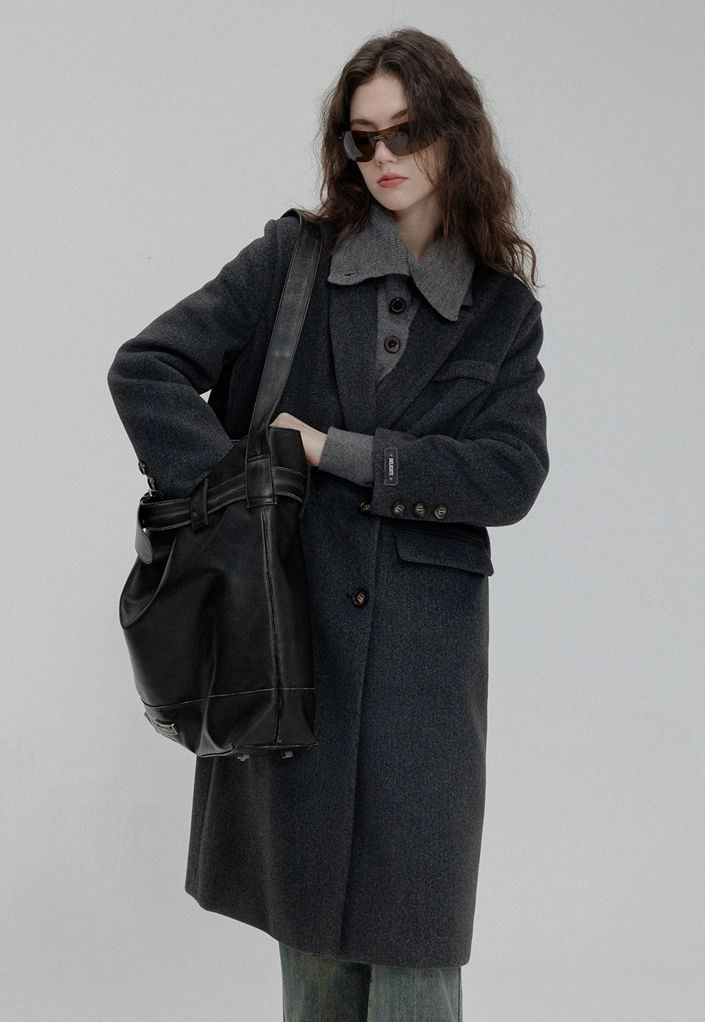 Women's Brown Double-Breasted Long Coat with Notched Lapel and Front Pockets