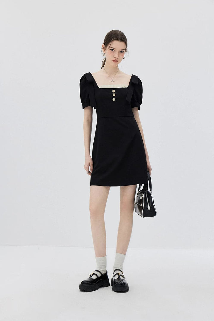 Chic Puff Sleeve Buttoned Square Neck Dress