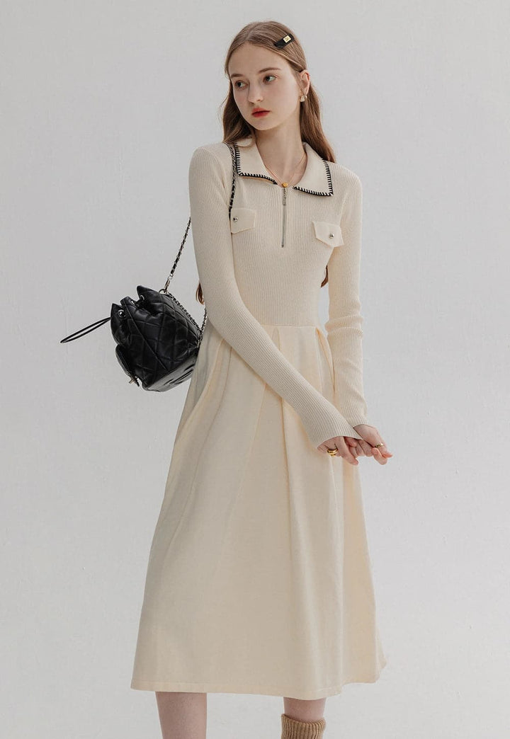 Elegant Long-Sleeve Knit Midi Dress with Black Trim and Zip Detail - Stylish Comfort