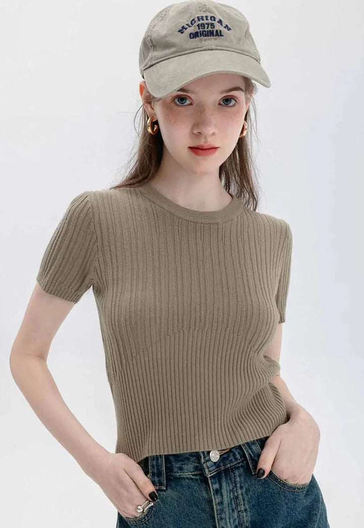 🎁 Classic Ribbed Crewneck Short-Sleeve Knit Top (Discount)