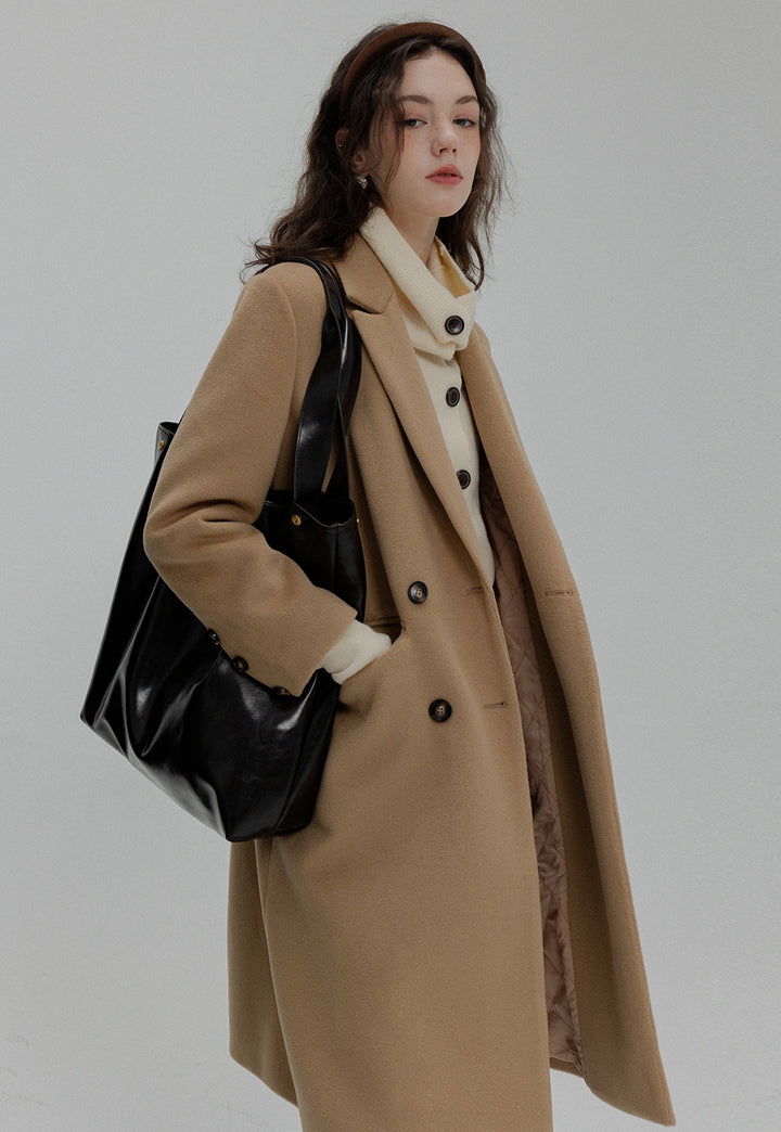 Women's Brown Double-Breasted Long Coat with Notched Lapel and Front Pockets