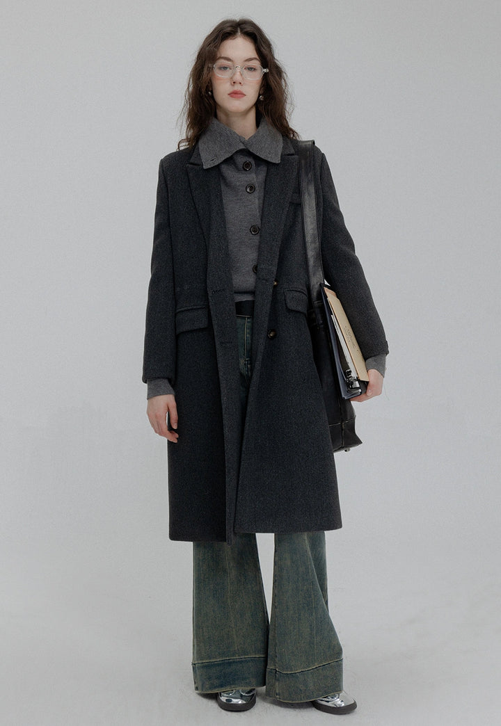 Women's Brown Double-Breasted Long Coat with Notched Lapel and Front Pockets