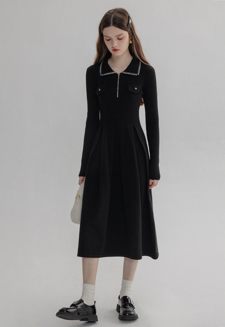 Elegant Long-Sleeve Knit Midi Dress with Black Trim and Zip Detail - Stylish Comfort