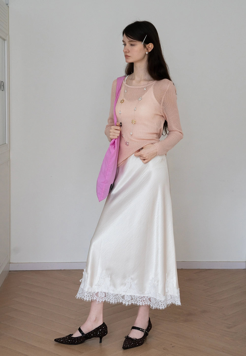 Satin Midi Skirt with Lace Hem