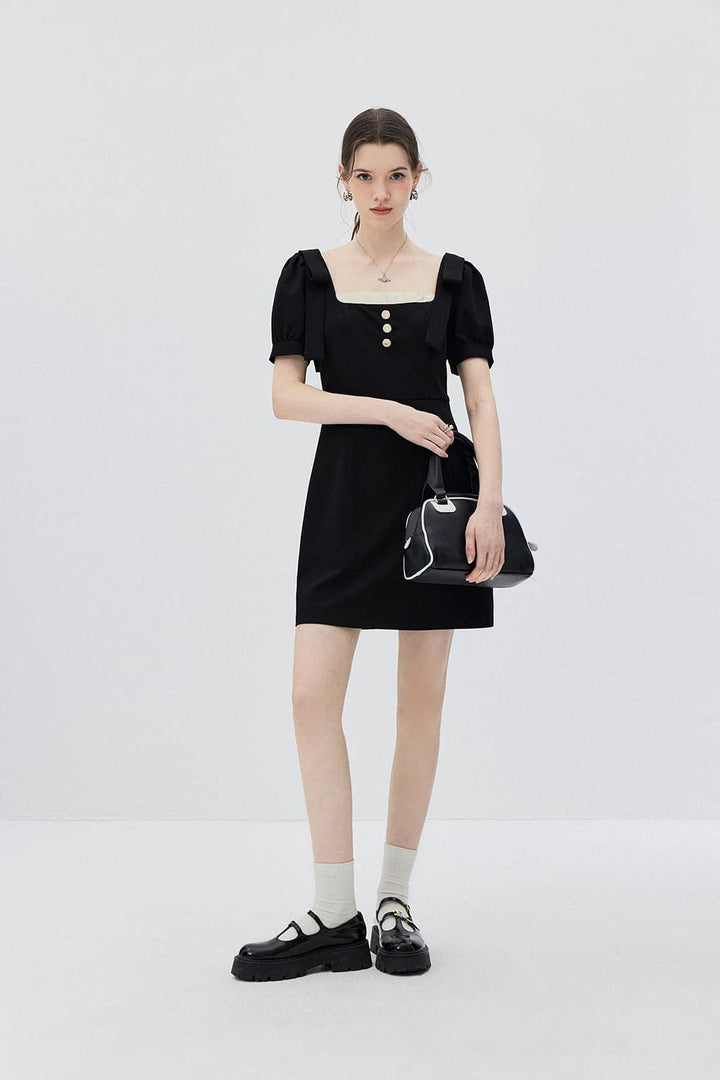 Chic Puff Sleeve Buttoned Square Neck Dress