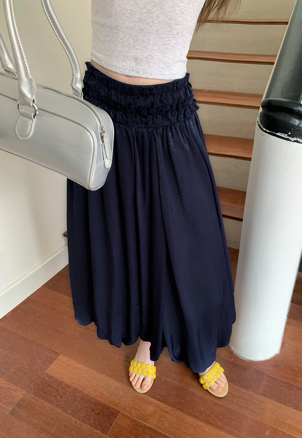 Elastic Waist Pleated Maxi Skirt