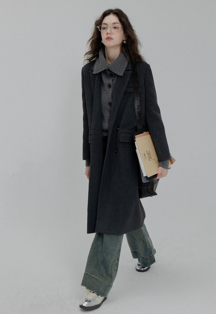 Women's Brown Double-Breasted Long Coat with Notched Lapel and Front Pockets