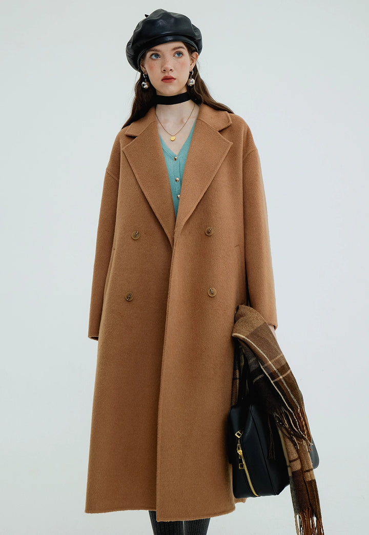 Women's Double-Breasted Wool Blend Overcoat with Notched Lapels