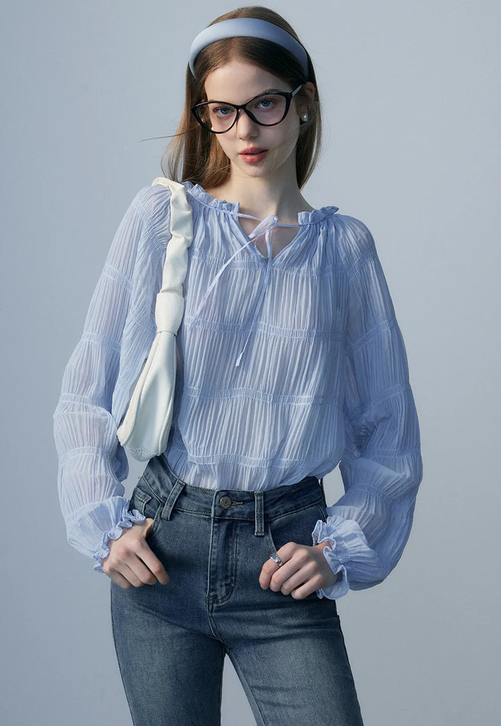 Gathered Ruffle Neckline Blouse with Full Sleeves and Textured Detail