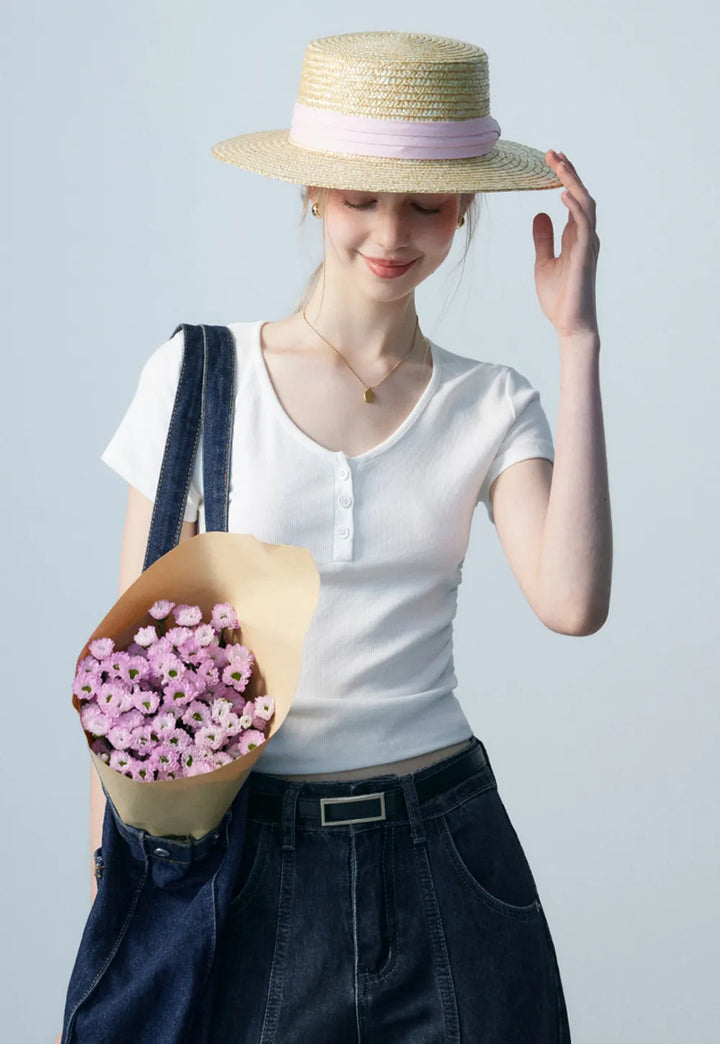 Women's Ribbed Henley Tee with Button Placket Detail