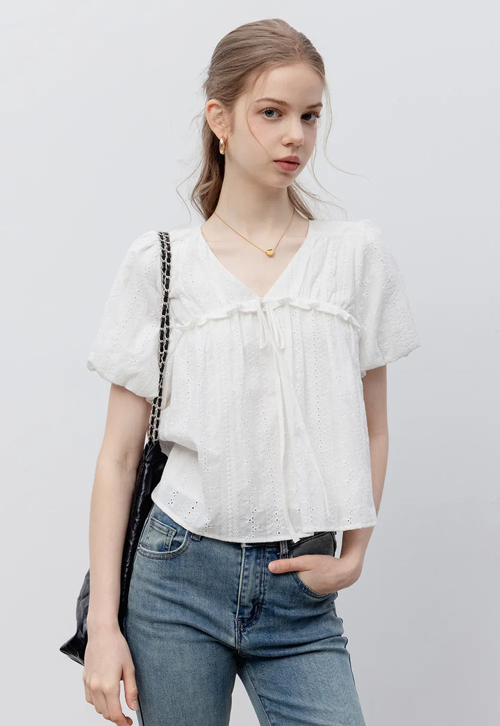 Women's Lace Eyelet Tie-Front Short-Sleeve Blouse