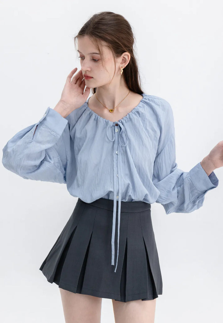 Gathered Neckline Blouse with Button Detail