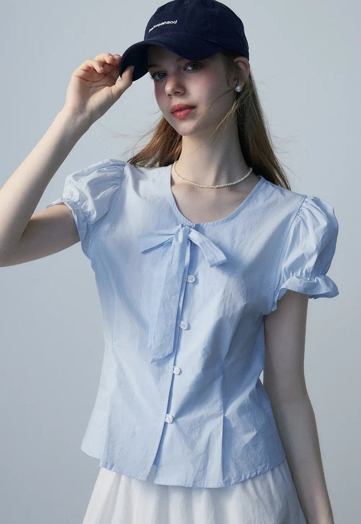 Bow puff sleeve V-neck short-sleeved top