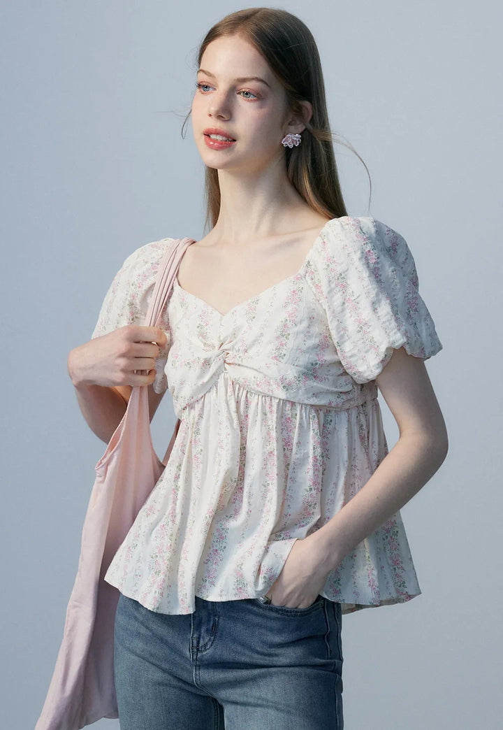 Floral Puff Sleeve Blouse with Knot Detail and Elasticated Neckline