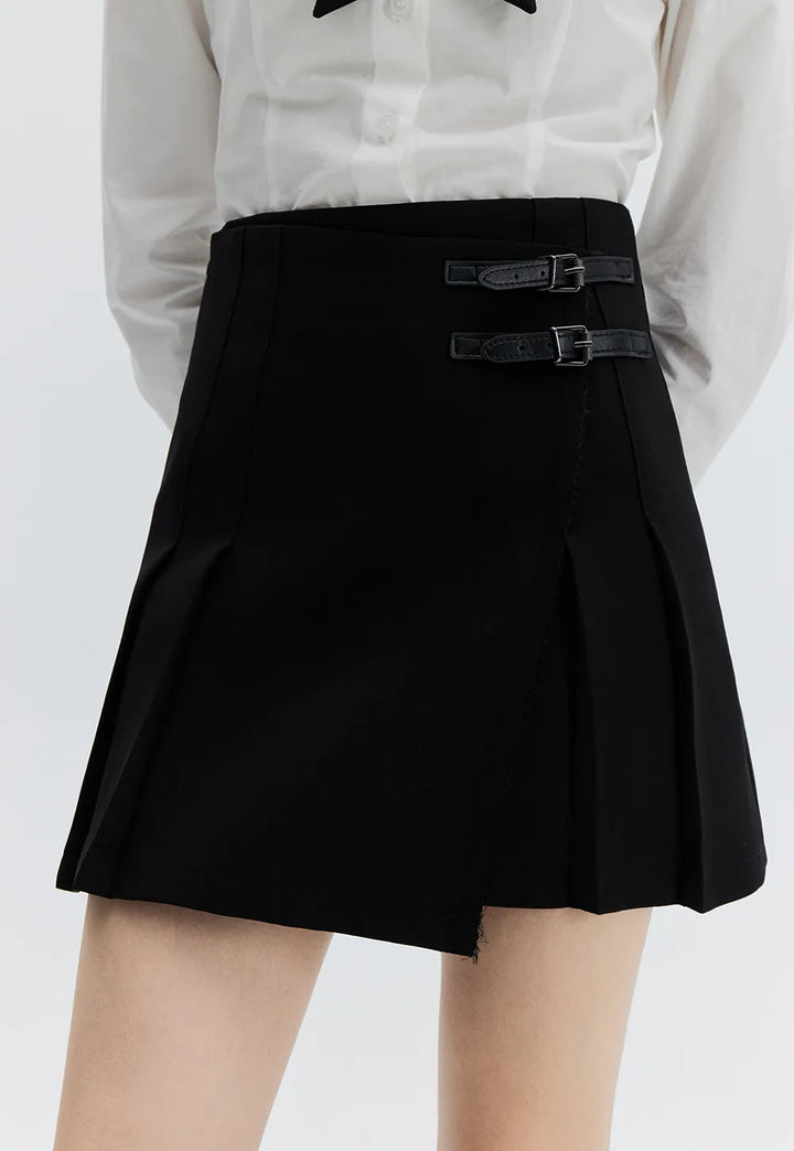 Woman's A-Line Mini Skirt with Buckle Accents and Structured Waistband