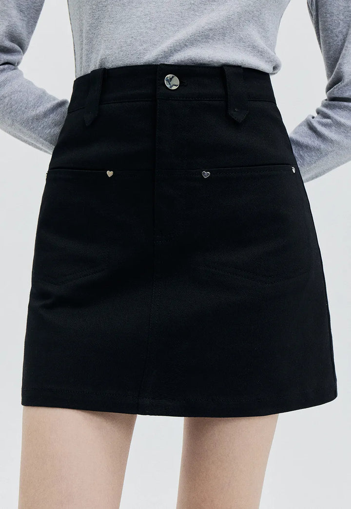 Skirt Mini A-Line Pinggang Tinggi Wanita dengan Perincian Poket
