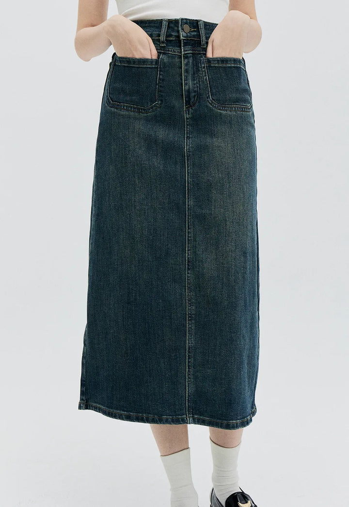 High-Waisted Denim Midi Skirt with Classic Five-Pocket Design