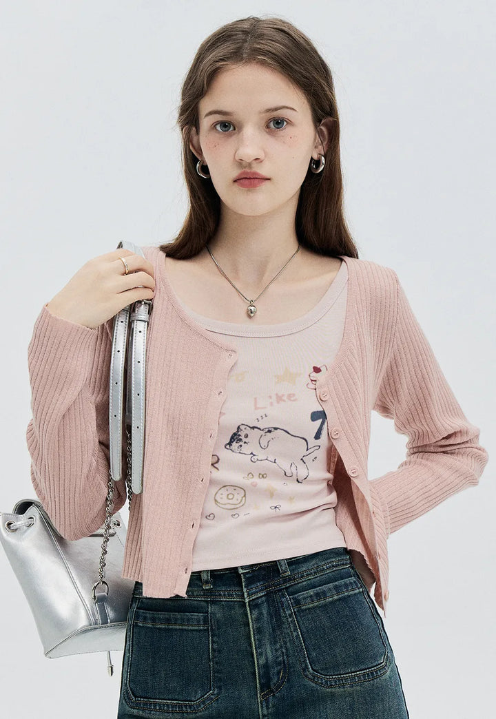 Cardigan Cropped Minimalis dengan Penutupan Butang Hadapan