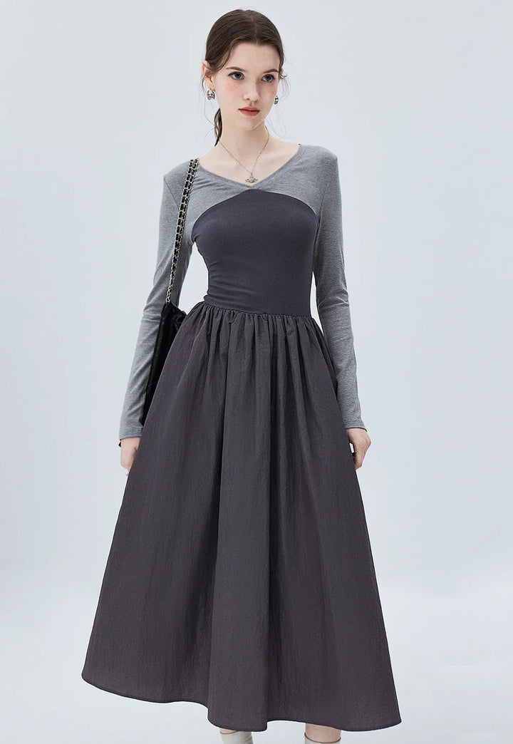 Grey Duo-tone Long-Sleeve Dress with Cinched Waist and Flowy Pleated Skirt