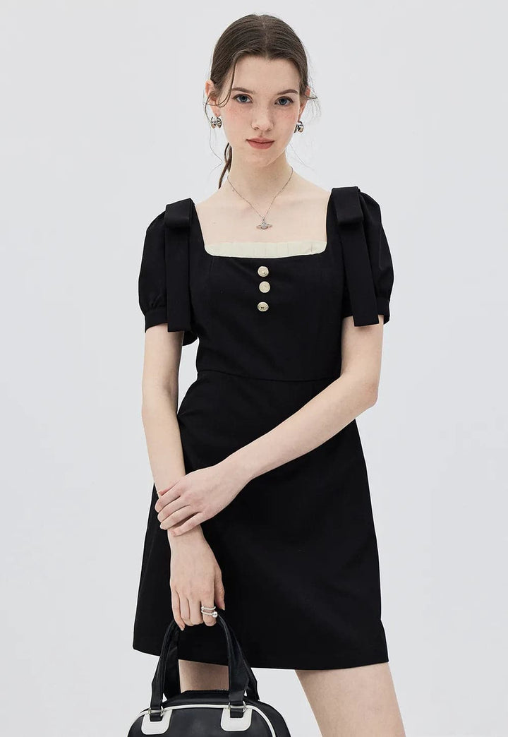 Chic Puff Sleeve Buttoned Square Neck Dress