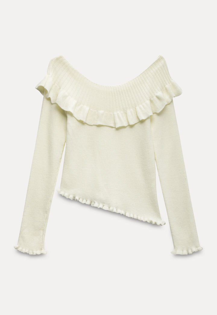 Off-Shoulder Ruffle Long Sleeve Knit Top