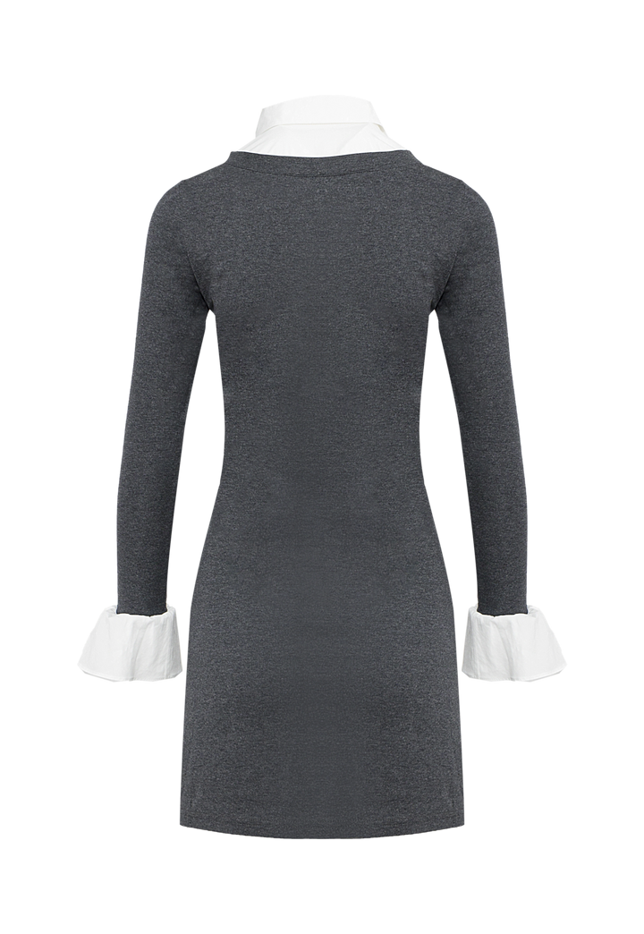 Women's Chic Gray V-Neck Dress with White Collar and Cuffs