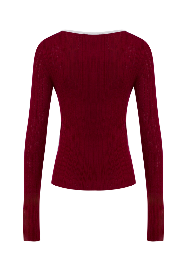 Women's Long-Sleeve Ribbed Knit Top with Tie Neck Detail