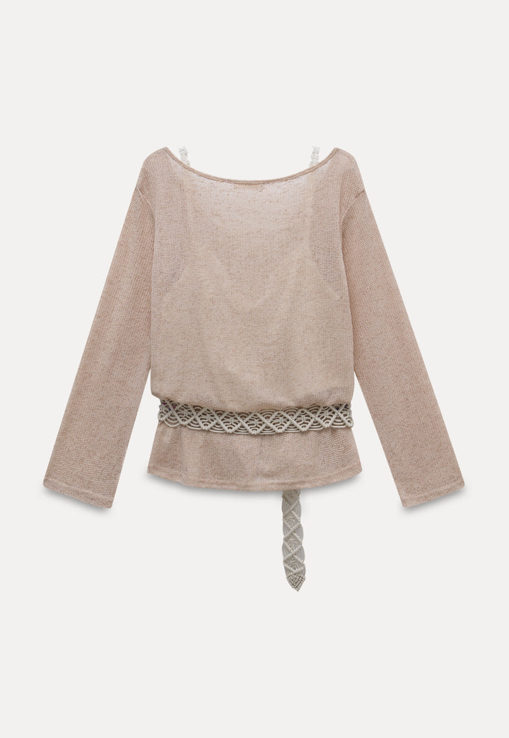 Boho-Inspired Beige Knit Top with Crochet Belt