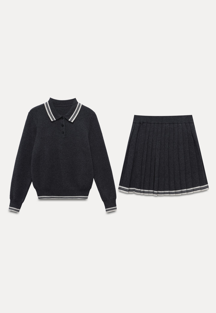 Women's Two-Piece Sweater Set, Long Sleeve Polo Collar Sweater and Pleated Mini Skirt