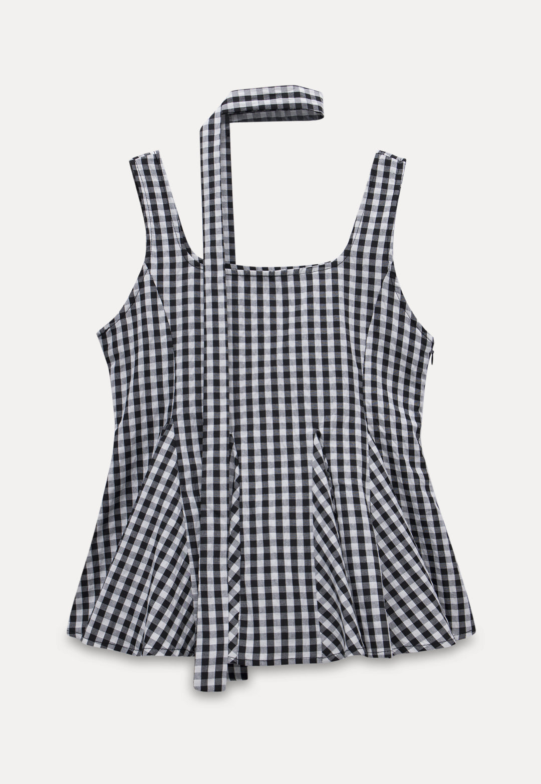 Gingham Pleated Peplum Tie-Strap Top