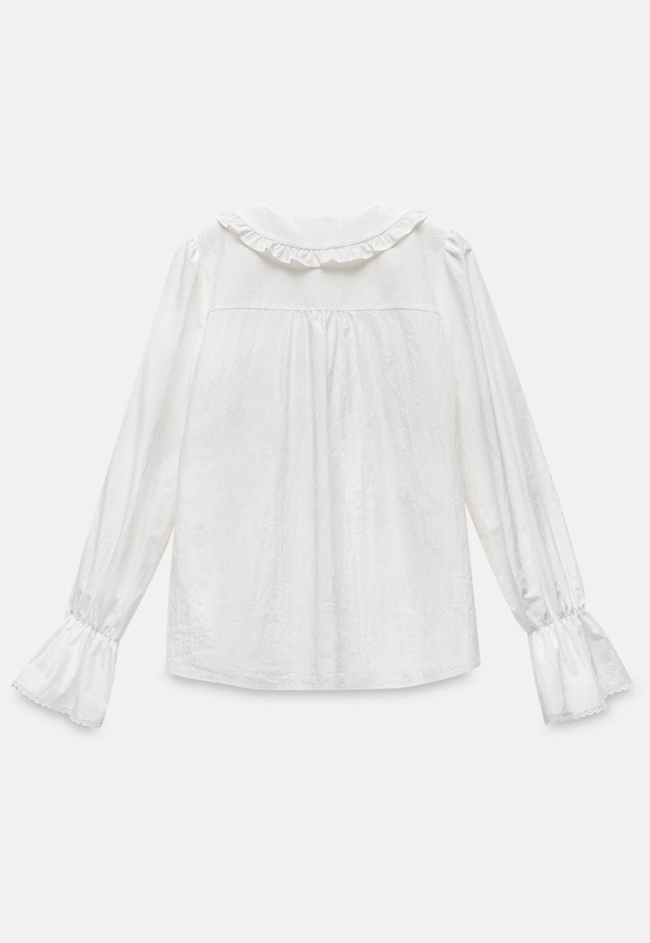 Women’s White Ruffle Collar Button-Up Blouse