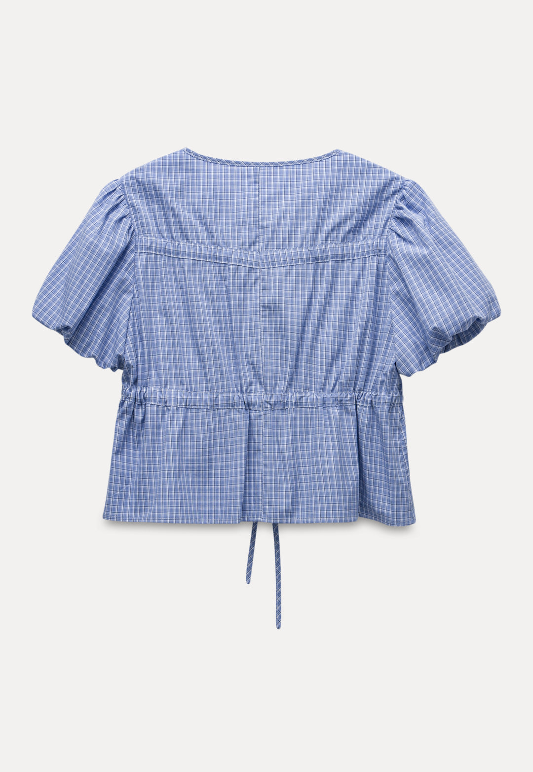 V-Neck Plaid Puff-Sleeve Blouse with Drawstring Detail