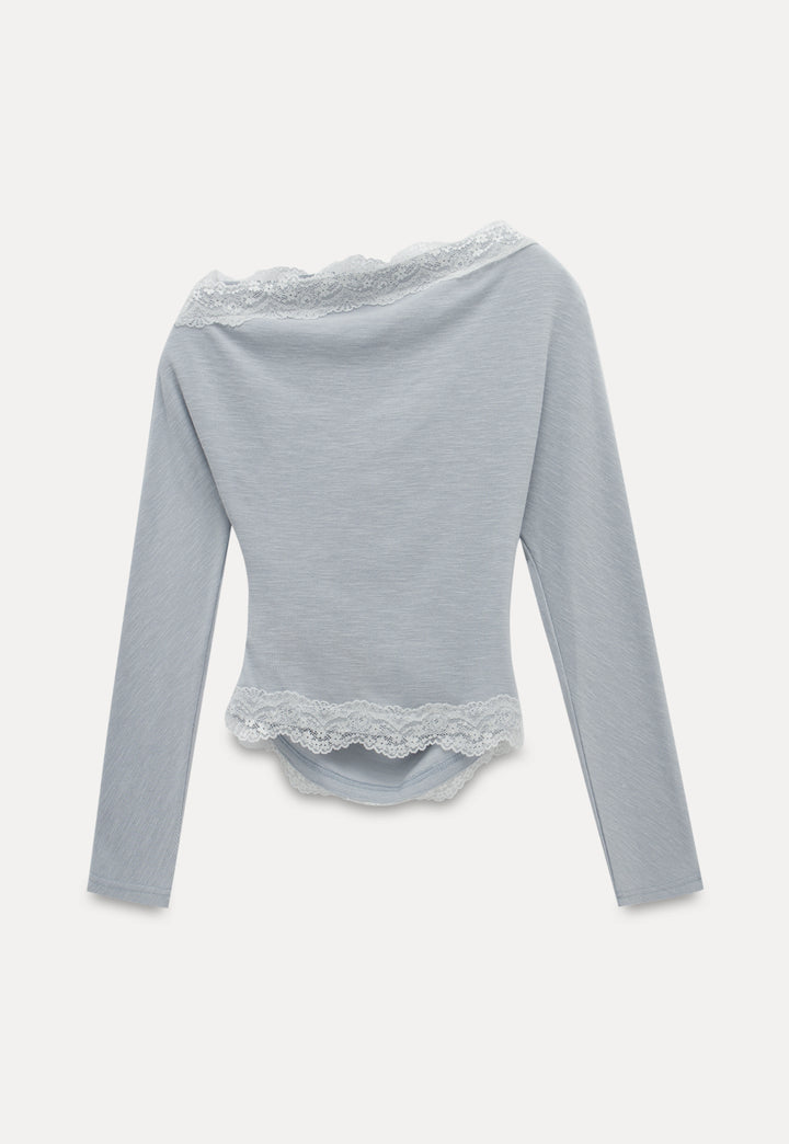 Women’s One Shoulder Long Sleeve Lace Trim T-Shirts