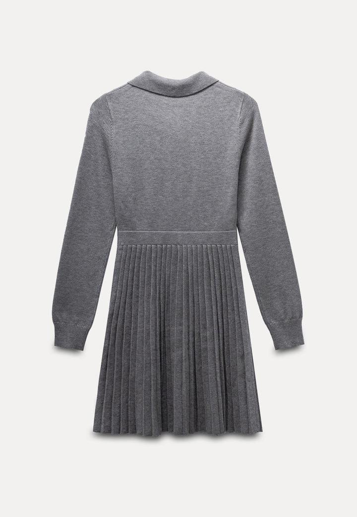 Women's Long-Sleeve Knit Dress with Bow Tie and Pleated Skirt