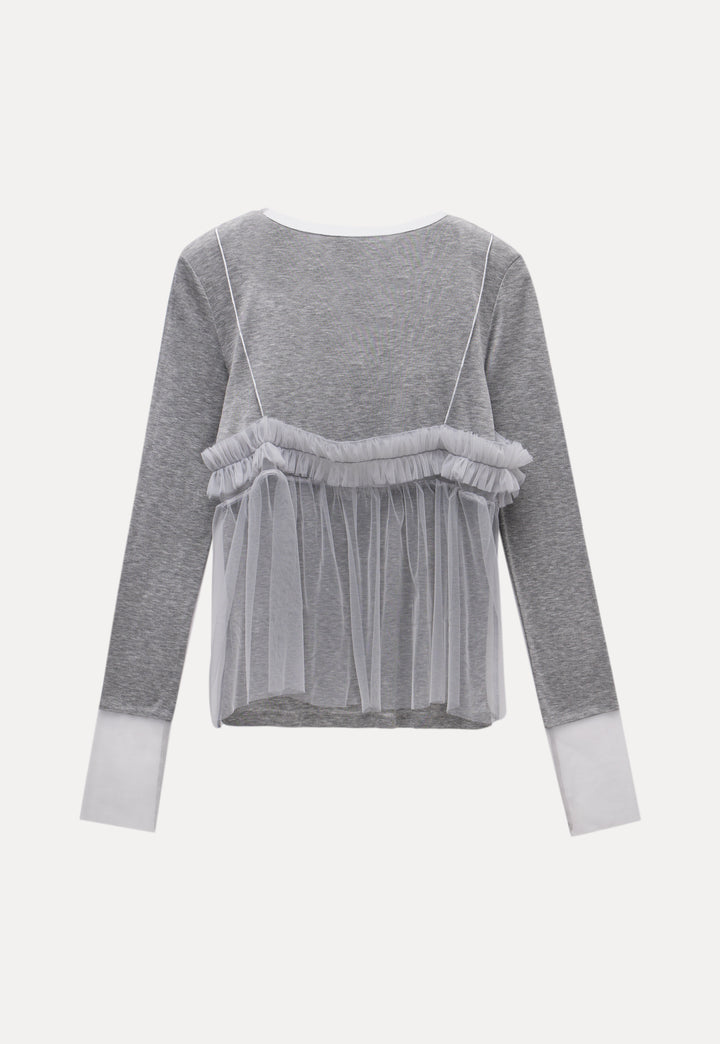 Chic Ruffled Mesh Overlay Long-Sleeve Top