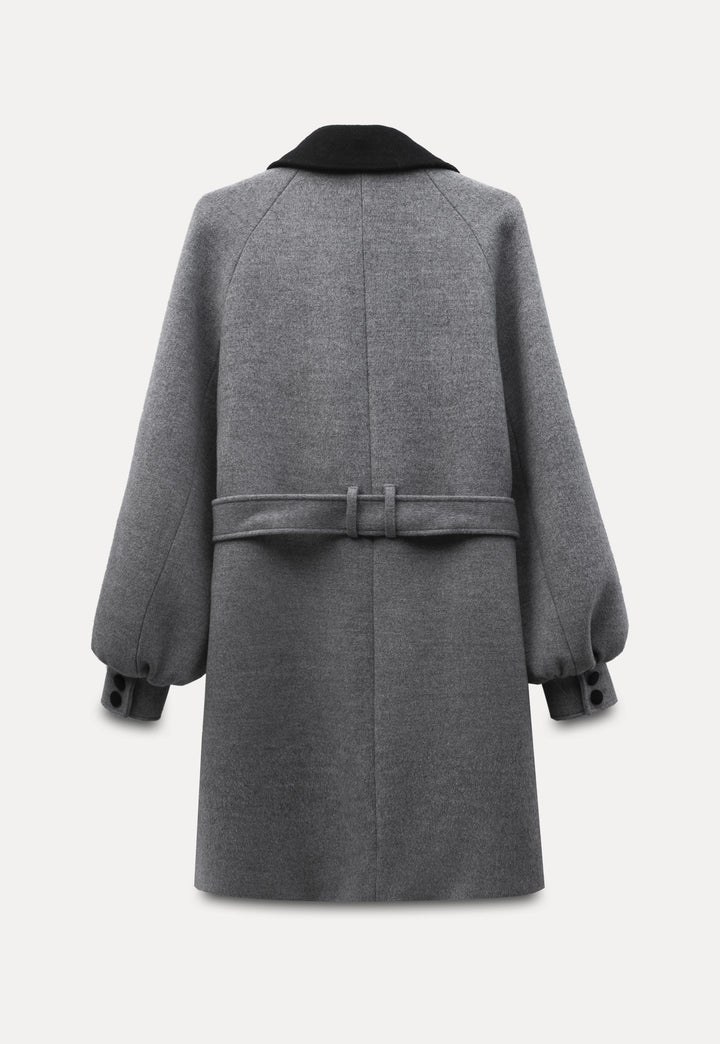 Wool Coat with Contrast Collar and Belted Waist