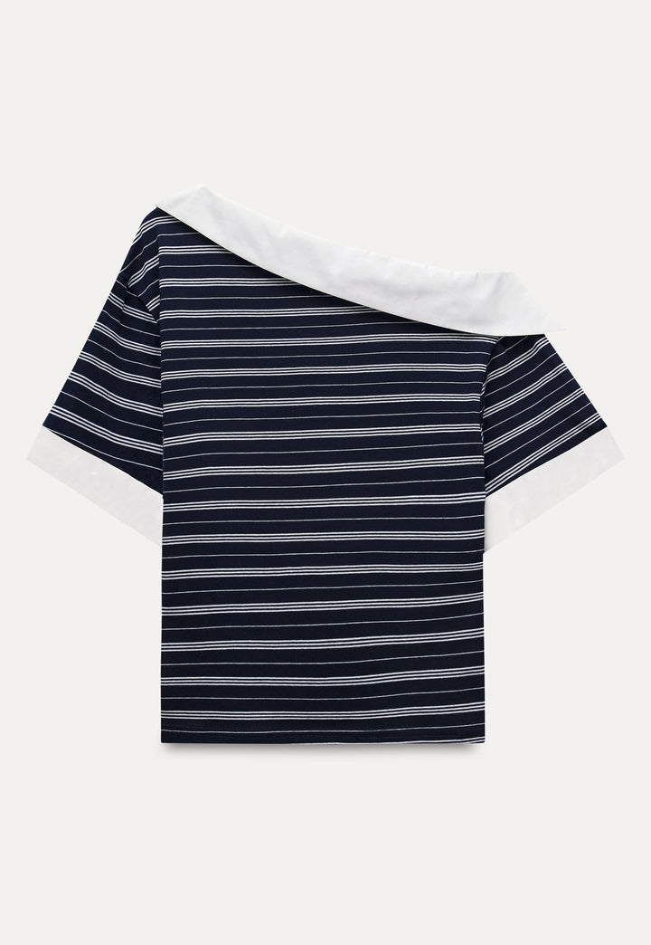 Striped Off-Shoulder Contrast Collar Tee