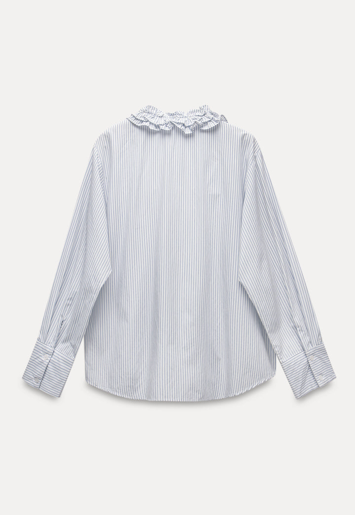 Striped Ruffle-Front Long-Sleeve V-Neck Blouse