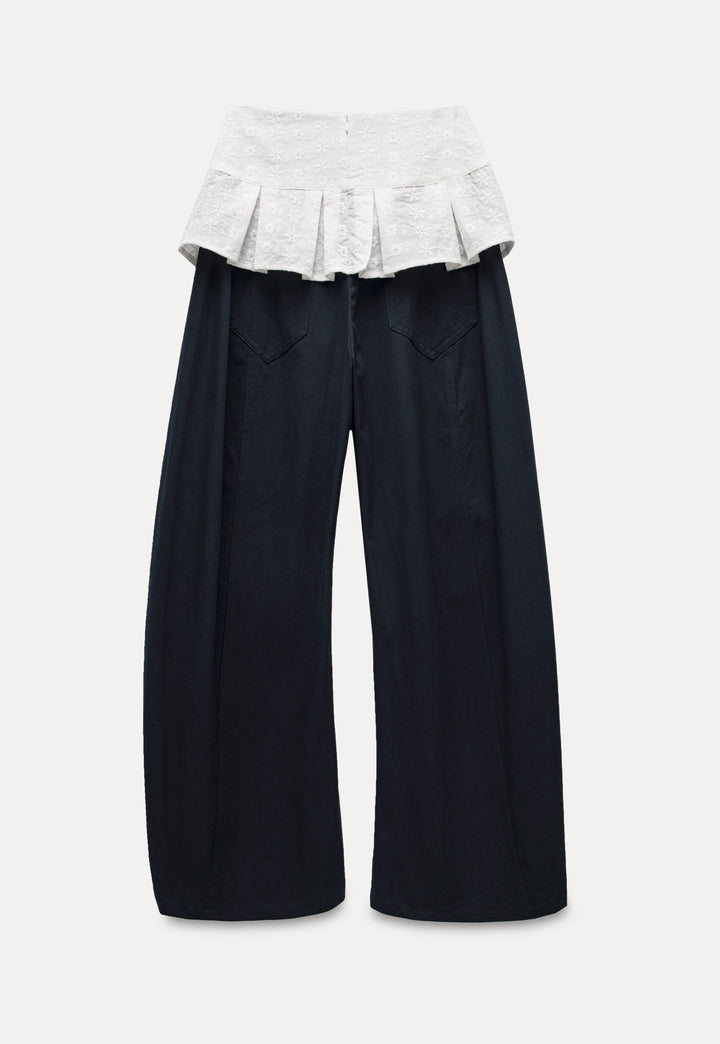 Patchwork Embroidered Pleated Overlay Wide-Leg Pants