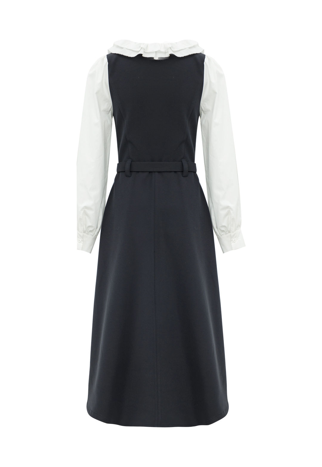 Women's Peter Pan Collar Belted Midi Dress with Long Sleeves