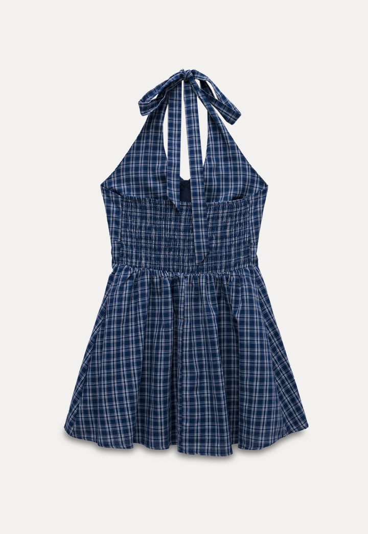 V-Neck Halter Tie-Back Plaid Waist-Cinching Dress