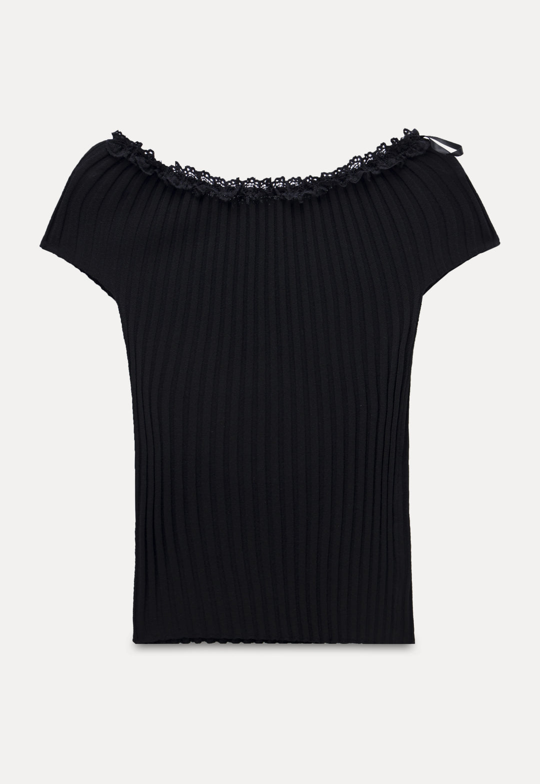 Ribbed Off-Shoulder Knit Top with Lace Trim and Bow Detail