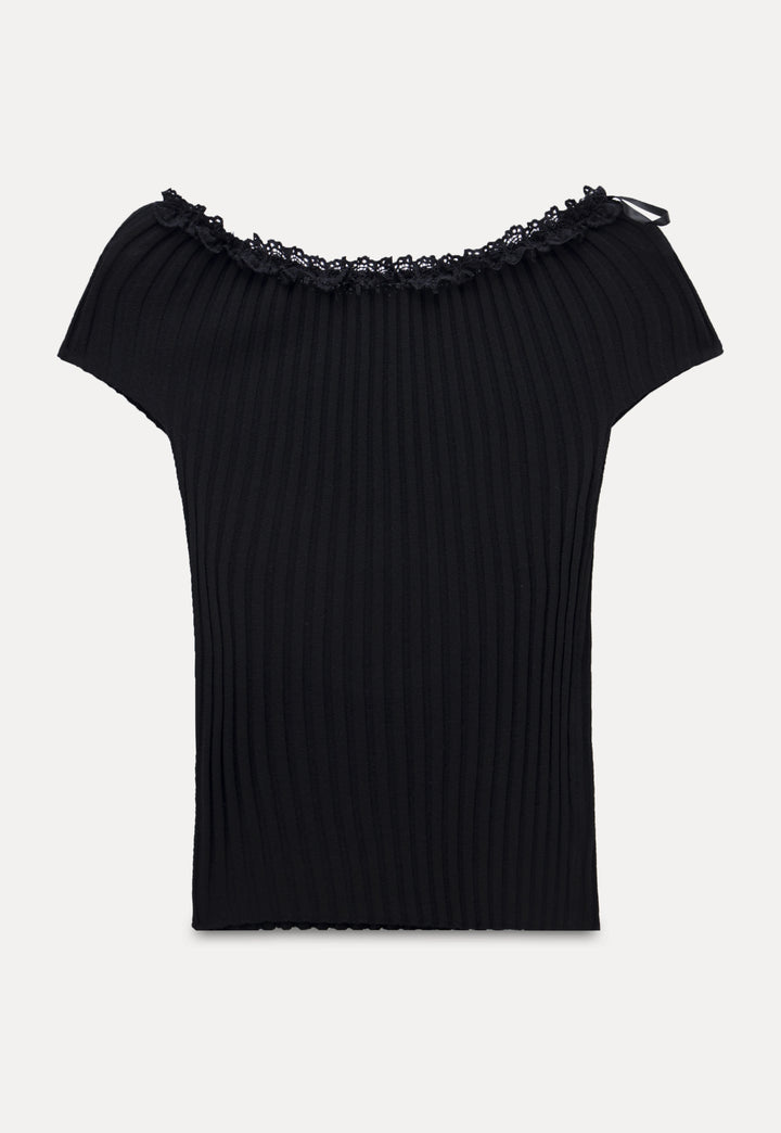 Ribbed Off-Shoulder Knit Top with Lace Trim and Bow Detail