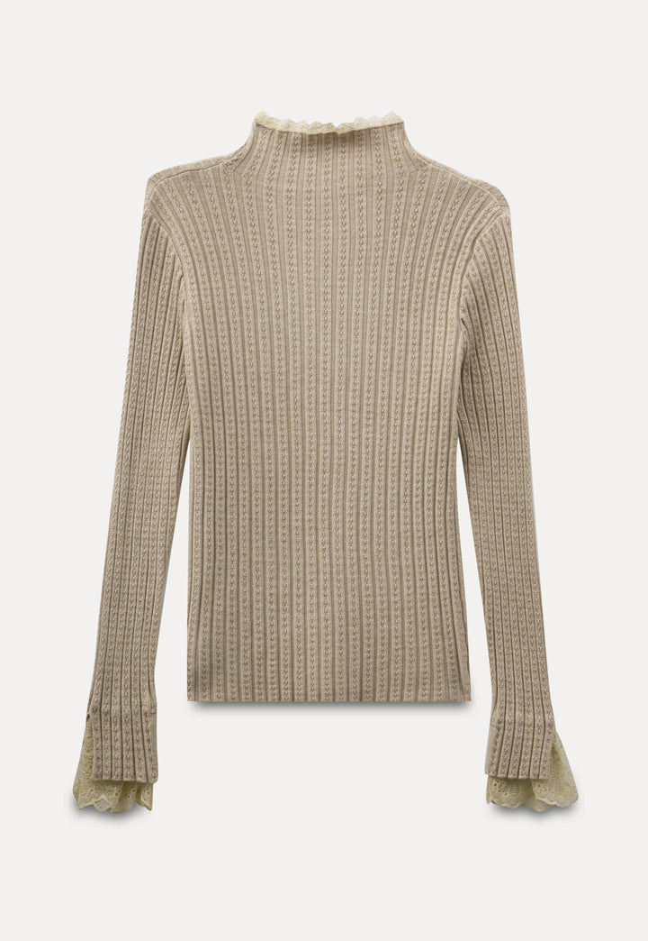 Ribbed Mock-Neck Sweater with Lace Cuff Detail