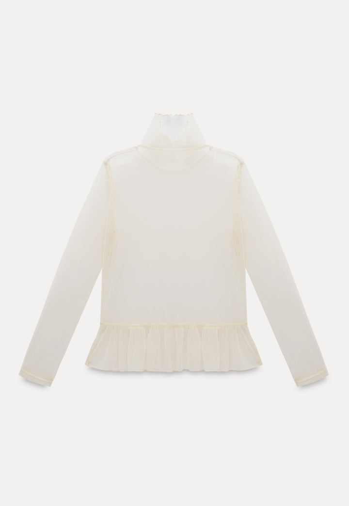 Sheer Ruffle Hem Turtleneck Top